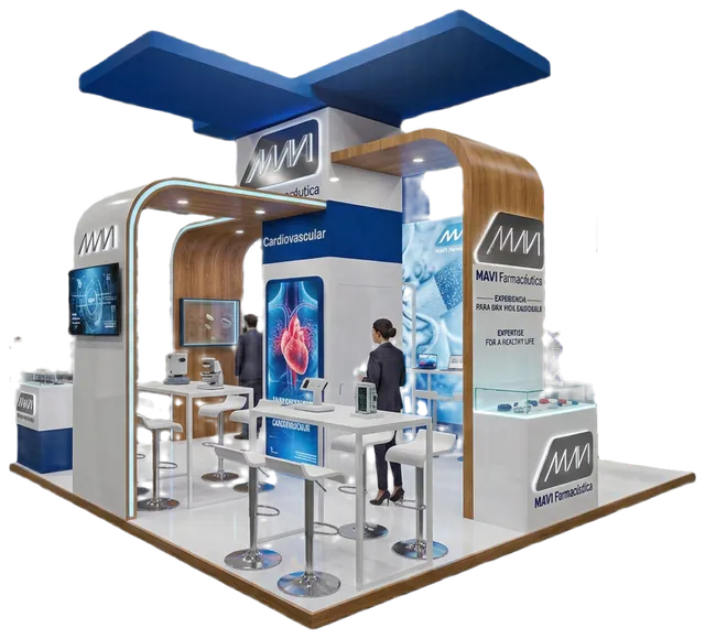 Stand corporativo para feria montado por Publicidad Cartagena, con counter, pantallas y zona de reunión